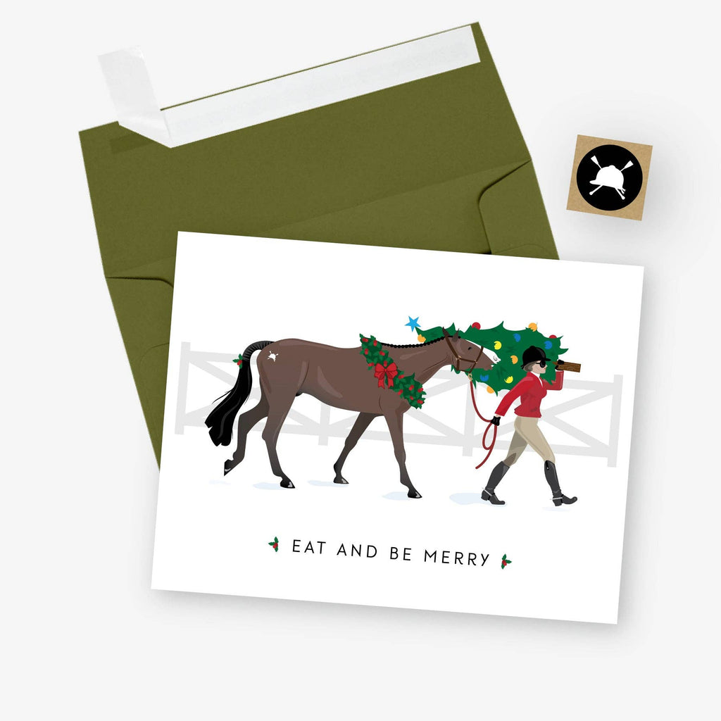 Eat + Be Merry English Equestrian Christmas Card: Box Set of 8